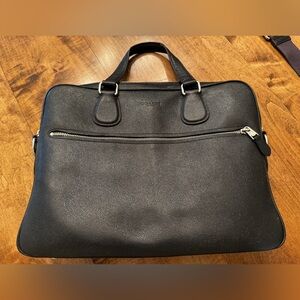Coach Black Leather Briefcase with Silver Hardware and Strap.